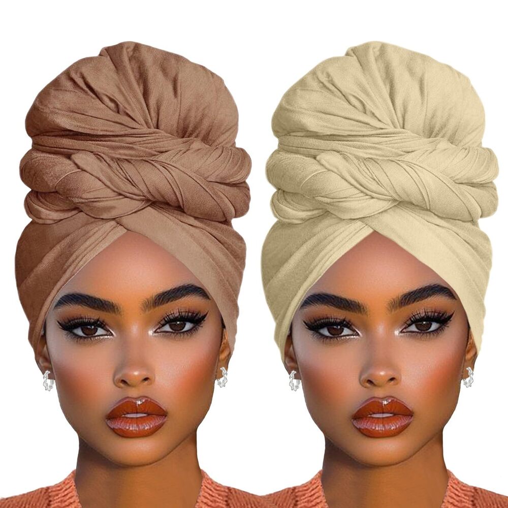 5883 2 Piece Stretch Head Wrap Long Solid Color Jersey Turban African
